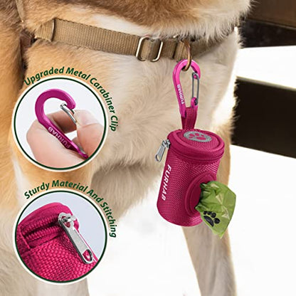 FURHAB Dog Poop Bag Holder for Leash Doggie Waste Bag Dispenser Soft Fabric Puppy Potty Carrier Small Doggy Zipper Pouch with Carabiner Clip 1680D Nylon Oxford with 1 Roll of Pet Trash Bags, Rose Red - color: Rose Red