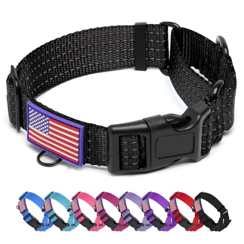 Martingale Dog Collar, Reflective No Pull Training Collar with Quick Release Buckle & USA Flag, Heavy-Duty Nylon, Adjustable for Small Medium Large Dogs (M,Black with Flag - color: Black with Flag, size: M (1" x 15.5"-19.5")