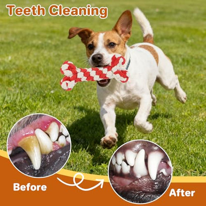 3 Pack Cotton Rope Dog Toy Set, Indestructible Chew Toys for Aggressive Chewers, Puppy Teething Toys with Bone, Human & Rope Dog Ball Designs for Boredom Relief & Tug of War， Red-White - style: Red-White suit（3 pack）