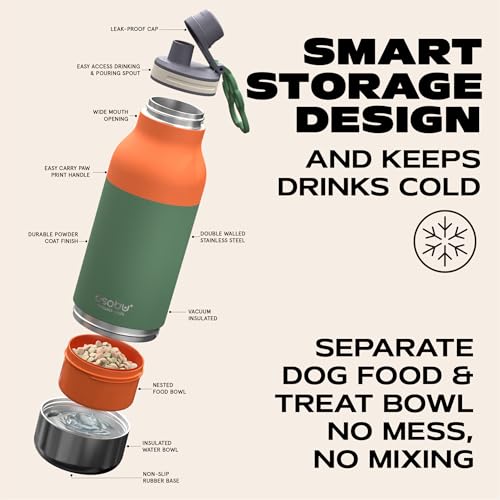 Asobu Dog Barky Bottle - 음식, 간식 및 물을 위한 탈착식 강아지 그릇 2개가 있는 단열 스테인리스 스틸 물병 - 하이킹, 도로 여행 및 야외 모험을 위한 반려동물 친화적인 여행용 병 - color: 파스텔 그린.