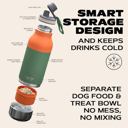 Asobu Dog Barky Bottle - 음식, 간식 및 물을 위한 탈착식 강아지 그릇 2개가 있는 단열 스테인리스 스틸 물병 - 하이킹, 도로 여행 및 야외 모험을 위한 반려동물 친화적인 여행용 병 - color: 파스텔 그린.