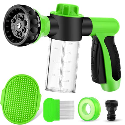 Dog Wash Sprayer Outdoor, 8-in-1 Dog Sprayer Hose Attachment with Massage Brush and Pet Grooming Comb, 3/4 Inch Standard Garden Hose Nozzle for Watering Flowers, Car Washing, Pet Bathing(Green)