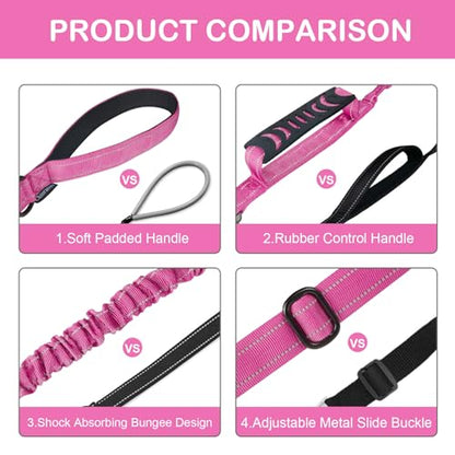 Heavy Duty Dog Leash for Medium Large Dogs that Pull,4-6FT Shock Absorbing Bungee Tactical Dog Leash with Control Padded Handle and Car Seatbelt, Reflective Lead for Walking Training,Pink - color: Pink