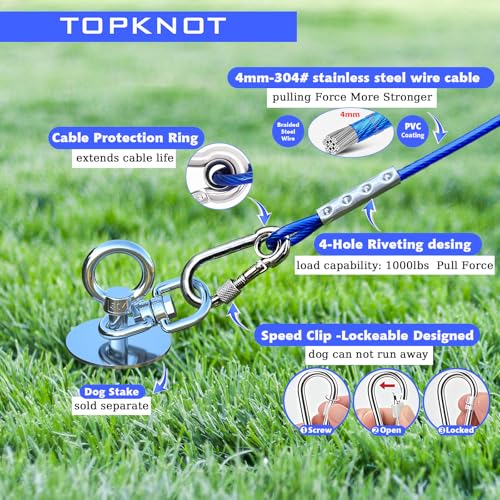 TOPKNOT Dog Tie Out Cable and Stake,with 20FT Heavy Duty Cable,360°Swivel Dog Run- No Tangle,Runner for Yard R- Up to 150LBS,Ideal for Outdoor Camping - size: dog stake+20ft/150lbs