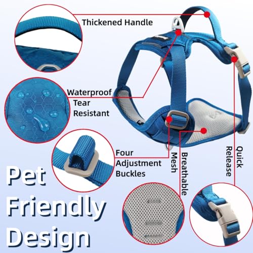 No Pull Front Clip Dog Harness, Heavy Duty 360° Reflective Dog Vest with Dual Zinc Alloy D-Rings, Soft Padded Harness with Control Handle for Small Medium Large Dogs (Blue, L) - color: Blue, size: L