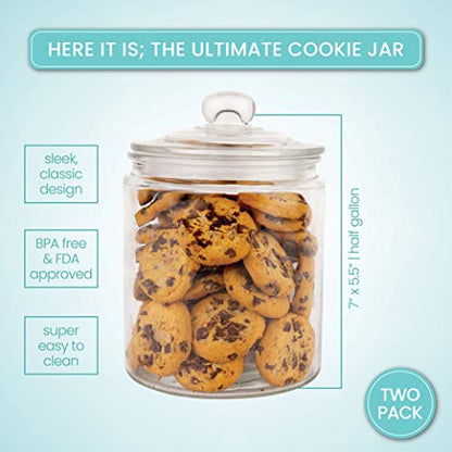 Set of 2 Glass Jar with Lid (2 Liter) | Airtight Glass Storage Cookie Jar for Flour, Pasta, Candy, Dog Treats, Snacks & More | Glass Organization Canisters for Kitchen & Pantry | 68 Ounces