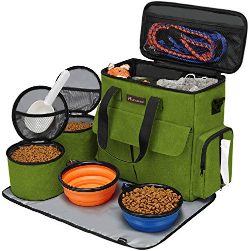 Modoker Dog Travel Bag, Weekend Pet Travel Set for Dog and Cat, Airline Approved Tote Organizer with Multi-Function Pockets and 2 Food Storage Containers, 2 Collapsible Bowls, 1 Feeding Mat (Green) - color: Green