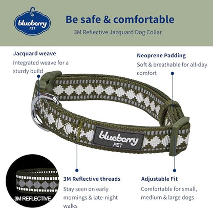 Blueberry Pet 3 Colors 3M Reflective Jacquard Neoprene Padded Adjustable Dog Collar, Olive - color: Polyester Buckle- Olive, size: Small