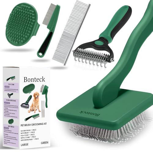 Bonteck Dog Slicker Brush for Dogs Grooming Kit 5PCS | Large Dog Brush for Goldendoodles Poodles Doodles | Long Pin Haired Brush | Poodle Brushes and Comb (Green) - color: Green