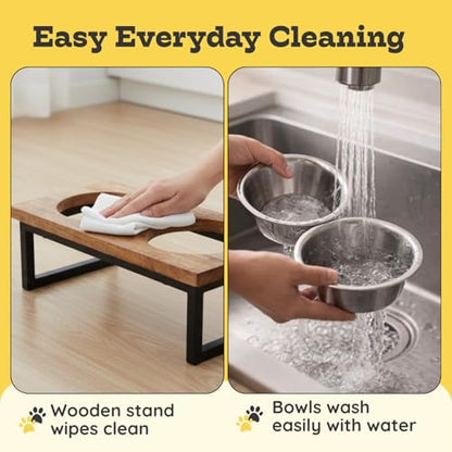 Elevated Dog Bowls, 4.5” Small Dogs/Cats Only Raised Bowl Mango Wood Stand, Food & Water 2 Stainless Steel Dishes Each 32oz/4Cup Capacity, Non-Slip Pet Feeder Station in Brown, toy Breeds - size: 4.5 Inches / 32oz 2 Bowl
