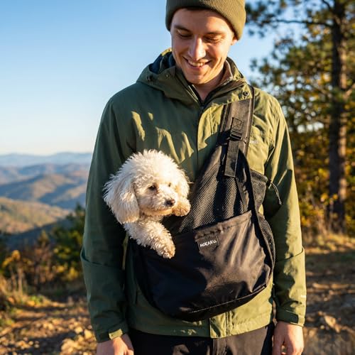 Small Dog Sling Carrier Bag, Hands-Free Dog Carrier Sling with Safety Buckle, Breathable Mesh, Adjustable Strap, Padded Back, Storage Pockets, Pet Carrier for Dogs, Cats, Puppies up to 8–10 lbs - color: Black