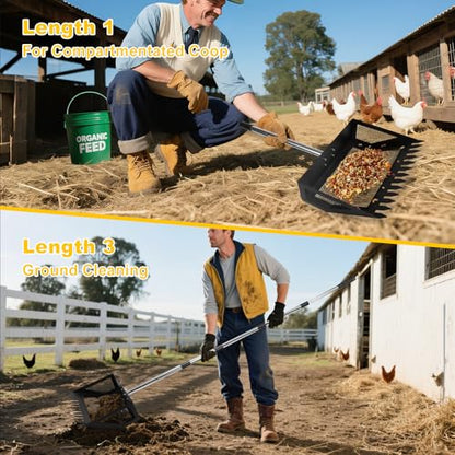 15inch Extra Large Chicken Poop Scooper,Adjustable Chicken Coop Scooper for Poop，Stainless Steel Chicken Poop Scooper Rake with 24 to 68" Handle,Litter Scooper Sifting Shovel Chicken Coop - color: Black