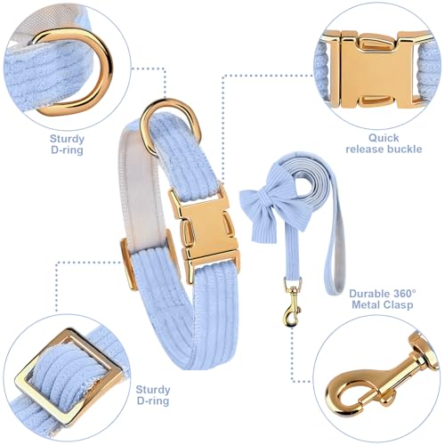Dog Collar and Leash Set with Bowtie, Soft & Cute Puppy Collar, Cotton Puppy Collar with Adjustable Metal Buckle for Small, Medium Dog (Blue, Size S: Neck 10"-16") - color: Blue, size: S: Neck 10"-16" Leash 5 FT