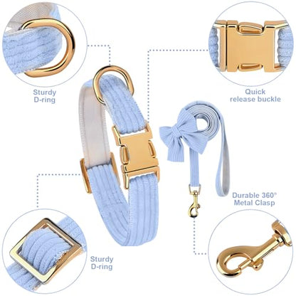 Dog Collar and Leash Set with Bowtie, Soft & Cute Puppy Collar, Cotton Puppy Collar with Adjustable Metal Buckle for Small, Medium Dog (Blue, Size S: Neck 10"-16") - color: Blue, size: S: Neck 10"-16" Leash 5 FT