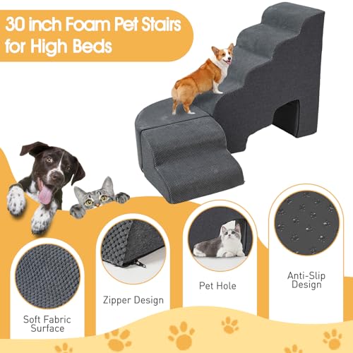 Dog Stairs for High Beds up to 30-36inch, A.FATI 6 Tiers Dog Steps Pet Stairs Adjust to Left Side of Bed, Non-Slip Pet Ramp for Small Dogs/Old Pets - color: Dark Grey L-shape 30" H