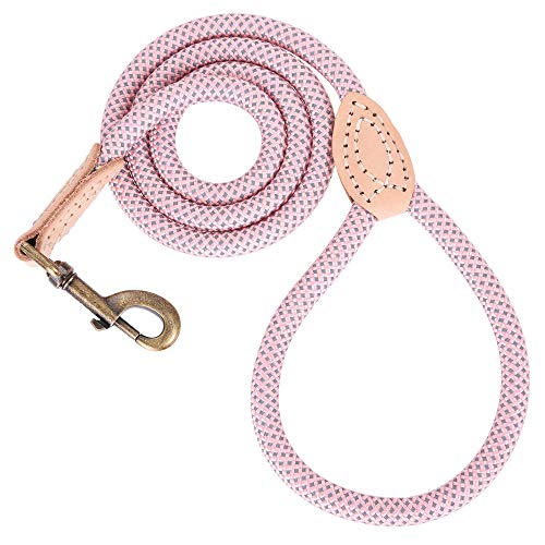 Mile High Life Dog Leash, Rope Leash with Genuine Leather Connection and Heavy Duty Metal Clasp, Great for Small Medium Large Dogs(Pink,48 Inch) - color: Rope Handle-Pink, size: 48 Inch-1/2"