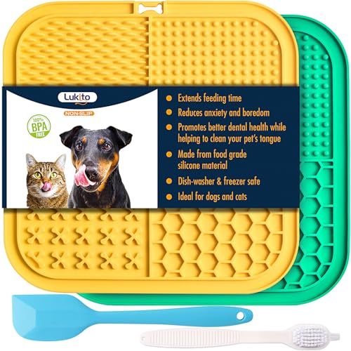 LUKITO Premium Silicone Licking Mat for Dogs & Cats, 77 Suction Cups, Slow Feeder, Boredom Reducer, Anxiety Relief, Dishwasher Safe, Food Grade - color: Large-Yellow&Green