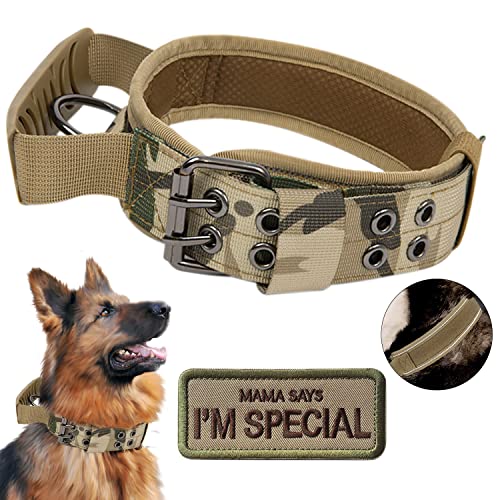 Tactical Dog Collar with Handle - Military Adjustable Dog Training Collar Soft Nylon and Heavy Duty Metal Buckle for Medium Large Dogs - with Patch (Camo with Patch, Medium) - color: Camo with Patch, size: Medium
