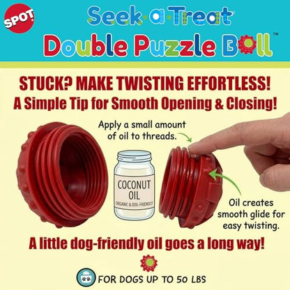 SPOT Seek-A-Treat Double Puzzle Ball Dog Toy, 3.25 in Durable Rubber Treat Dispenser with Dual Openings for Mental Stimulation & Long-Lasting Play, for Dogs up to 50 lbs
