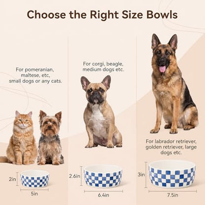 6.4 inch Ceramic Hand Painted Basic Dog Bowl Set of 2 with Anti-Skid Rubber Base, Food and Water Bowls for Small Pets,Blue - color: Blue