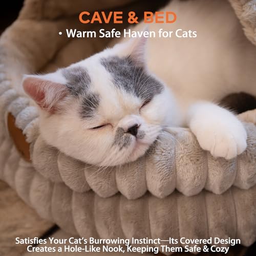CHEERPALS Cat Cave Bed for Indoor Cats, Washable Covered Cat Bed Hooded Kitty Bed Soft Fluffy Pet Bed for Puppy and Small Dog(Khaki) - color: Khaki