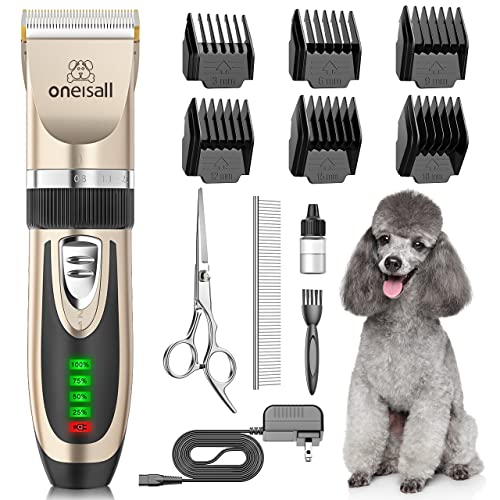 oneisall Dog Clipper for Small and Large Dogs Cats Animals | Low Noise Quiet,2-Speed,Cordless Rechargeable Fast Charge,Battery Level Display,Detachable,Waterproof - color: Gold