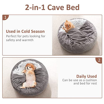 MIXJOY Dog Bed with Blanket, Round Calming Cozy Cave for Medium Dogs, Soft Plush Cuddler Puppy Bed and Burrow Cave, Anti-Slip Bottom, 26inch - size: 26.0"L x 26.0"W x 6.0"Th
