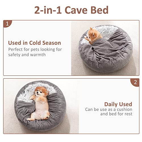 MIXJOY Small Dog Bed Cat Bed with Blanket Attached, Round Hooded Cozy Dog Cave Beds for Small Dogs, Soft Plush Cuddler Puppy Pet Bed, Anti-Slip Bottom, 23inch - size: 23.0"L x 23.0"W x 6.0"Th