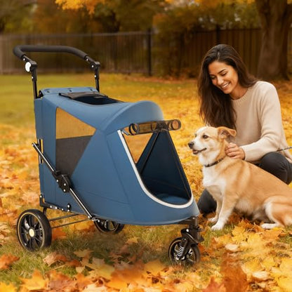 Magshion Pet Stroller for Medium Dogs w/Adjustable Handle, 3-Wheel Dog Cat Wagon w/Dual Entry, Rear Storage, Breathable Mesh, One-Foot Brake, Ideal for Large Pets up to 55 lbs, Navy Blue - color: Navy Blue, style: Up to 55 lbs