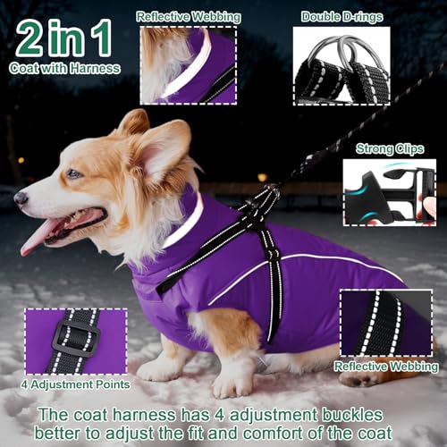 Fragralley Dog Coat with Harness Built in, Waterproof Windproof Reflective Warm Puffer Jacket, Fleece Lined Vest Winter Parka for Small, Medium, Large Dogs - color: Purple, size: Large