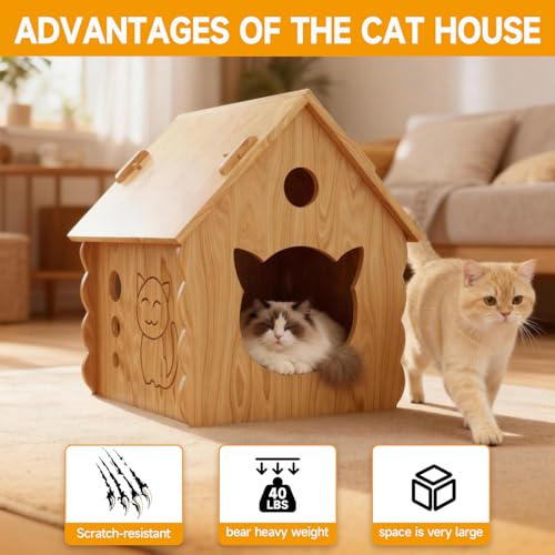 Cat House for Indoor Cats - Modern Wooden Covered Cat Cave Bed，Sturdy & Durable Cat Hideaway，Small Pet House and Habitats with Air Vents Warm Cat Cave, Weather-Resistant, DIY Paintable,Easy to install