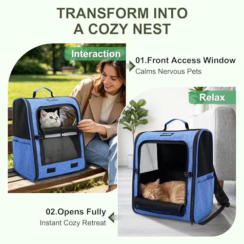 Cat Backpack Carrier with Ventilation Mesh and Safety Leash, Lightweight Dog Travel Backpack with Pockets, Reflective Strip, and Removable Mat,Hiking and Outdoor Use,Blue