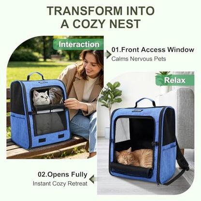 Cat Backpack Carrier with Ventilation Mesh and Safety Leash, Lightweight Dog Travel Backpack with Pockets, Reflective Strip, and Removable Mat,Hiking and Outdoor Use,Blue