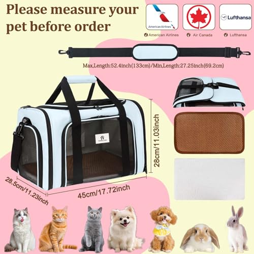 Cat Carrier - Cat Carrier Soft with Plush Pad & Cooling Mat, Easy-Load 4-Side Zipper & 3-Side Mesh Ventilation, Pet Carrier Airline Approved for Cats/Dogs Up to 16 lbs, Blue - color: Blue