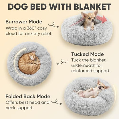 Himax Small Cat & Dog Bed with Cover, Calming Dog Bed for Small Dogs,Anti-Anxiety Donut Dog Bed with Attached Blanket,Washable Round Fluffy Pet Bed (20"/26"/35"), Light Grey - color: Light Grey, size: 20.0"L x 20.0"W x 7.0"Th