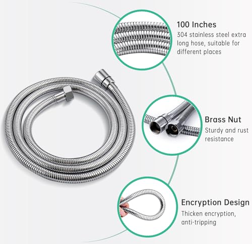 Dog Shower Head Sprayer Pet High Pressure 3 Mode Handheld with ON OFF Switch Metal Diverter 100 Inch Extra Long Stainless steel Hose No Drill Hook Chrome