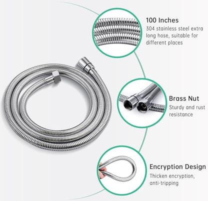 Dog Shower Head Sprayer Pet High Pressure 3 Mode Handheld with ON OFF Switch Metal Diverter 100 Inch Extra Long Stainless steel Hose No Drill Hook Chrome