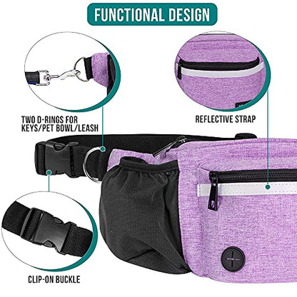 PetAmi Dog Fanny Pack, Treat Pouch for Dog Walking, Training, Built in Poop Bag Dispenser, Water Bottle Holder, Collapsible Bowl, Pet Treat Waist Belt for Hiking, Running, Kibbles (Purple) - color: Purple