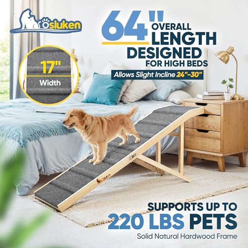 2026 Upgraded Dog Ramp for Bed, 64" Long Foldable Pet Ramp for Small Large Dogs, Dog Ramps for High Beds Car, High Traction with Platform 6 Adjustable Heights 24" to 30" Up to 220LBS, Gray