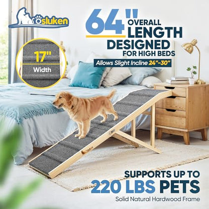 2026 Upgraded Dog Ramp for Bed, 64" Long Foldable Pet Ramp for Small Large Dogs, Dog Ramps for High Beds Car, High Traction with Platform 6 Adjustable Heights 24" to 30" Up to 220LBS, Gray