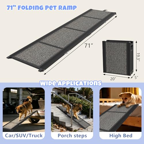 Dog Ramp for Car 71" x 20", Folding Pet Ramp for Large Dogs with Non-Slip Rug Surface, Portable Dog Car Ramp for SUV Car & Truck - size: 71" L x 20" W