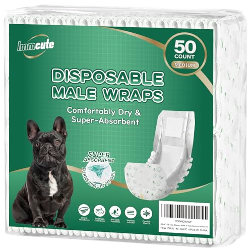 IMMCUTE Male Dog Wraps 50 Ct, Medium Size, Male Dog Diapers Disposable, Super Absorbent Leak-Proof Doggy Diapers,Belly Bands for Dogs with Wetness Indicator, Ideal for Indoor, Outdoor - size: Medium (50 Ct)
