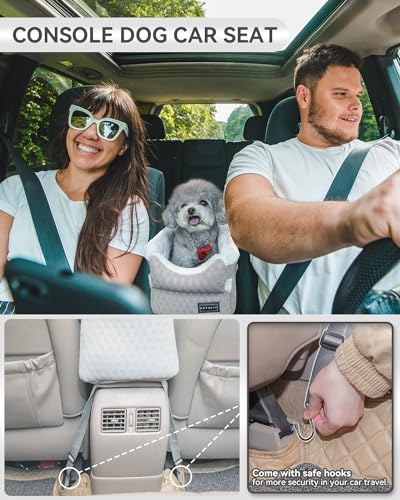 PETSFIT Dog Car Seats for Small Dogs with Safe Protection Hooks, Small Dog Car Seat with Upgraded Safety Tethers, Washable Cushion, Center Console Dog Car Seat for Pets Under 8 Lbs (Light Grey) - color: Light Grey