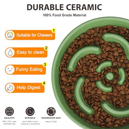 Slow Feeder Dog Bowl, Ceramic 2 Cups Dog Food Bowls for Small, Medium, and Large Breed, Anti-Slip Maze Puzzle Food Dish to Slow Down Eating (Green, 2 Cups) - color: Flower - Green