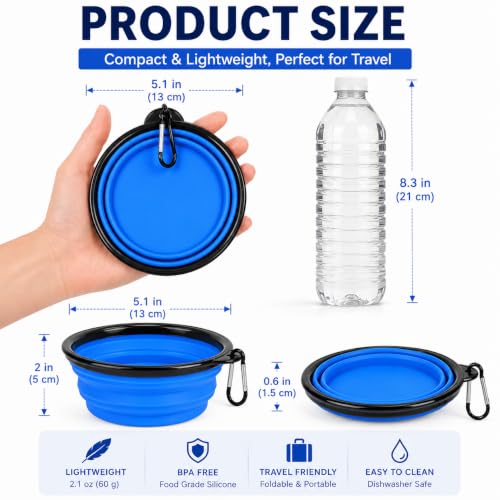 Collapsible Dog Bowl 2-Pack (Blue & Yellow) – Portable Travel Pet Bowl, Foldable Silicone Food & Water Dish with Carabiner Clip for Dogs & Cats, Lightweight & Waterproof