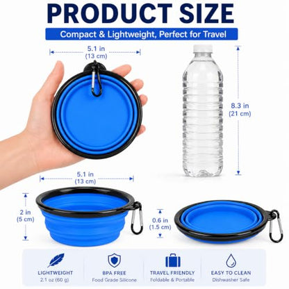 Collapsible Dog Bowl 2-Pack (Blue & Yellow) – Portable Travel Pet Bowl, Foldable Silicone Food & Water Dish with Carabiner Clip for Dogs & Cats, Lightweight & Waterproof