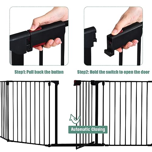Costzon Baby Safety Gate, 121 Inch Length 5 Panel Adjustable Wide Fireplace Fence, BBQ Metal Fire Screen Gate, Pet Isolation Fence with Walk-Through Door, Freestanding Pets Gate - color: Black, size: 5-Panel
