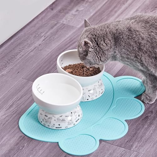 Ceramic Raised Cat Bowl Set | Elevated Food and Water Bowls for Cats and Small Dogs | 2 Pack Tilted With Anti-Slip Silicone Mat (Gray) - color: gray