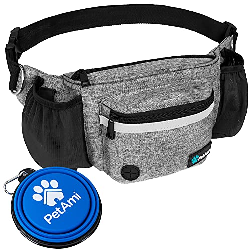 PetAmi Dog Fanny Pack, Treat Pouch for Dog Walking, Training, Built in Poop Bag Dispenser, Water Bottle Holder, Collapsible Bowl, Pet Treat Waist Belt for Hiking, Running, Kibbles (Grey) - color: Heather Grey