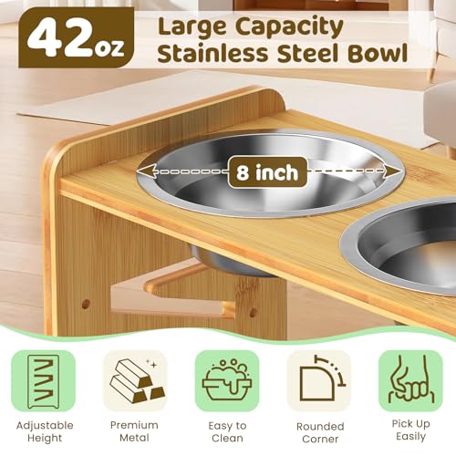 Elevated Dog Bowls, Adjustable Raised Dog Bowl Stand for Large and Medium Pet, 15" High Bamboo Pet Food Feeder with 2 Stainless Steel Dishes（6 Heights） - size: Large sized dogs